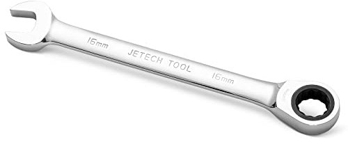 Jetech 16 mm Llave de engranaje de trinquete combinada, llave de engranaje de acero Cr-V de grado industrial métrica en acabado de cromo pulido