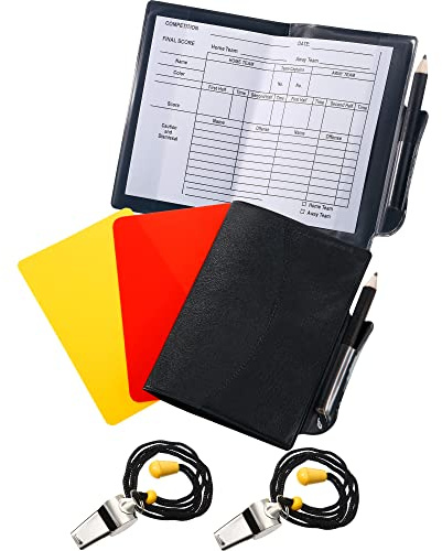 Blulu 2 Sets Soccer Referee Card Kit Red Yellow Double Cards with 2 Metal Referee Whistles, 2 Scorebooks and 2 Pencils for Football Volleyball Rugby Matches Training