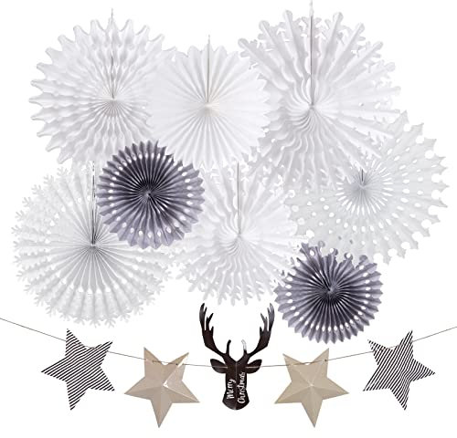 EASY JOY White Party Decorations Set, Snowflake Paper Fans Star Deer Garland, Hanging Ceiling Wall Decor Party Supply Photo Back Drop For Christmas Decor Big Events