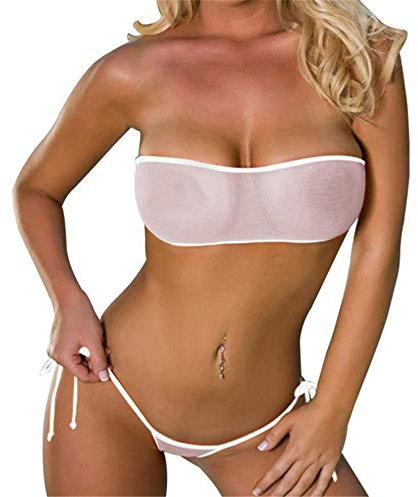 ZHER-LU Damen Dreipunkt-Mesh-Bikini Sets,Sommer Strandkleidung Durchsichtiges Mesh-Bandeau-Oberteil,Mini-Tanga-Unterteil
