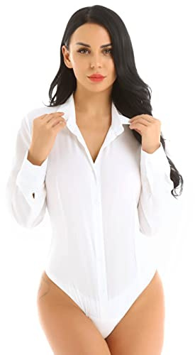 Mufeng Body da Donna Camicia Bianca Maglia Elegante a Maniche LungheCorte Slim Estiva Maglia Colletto Perizoma Bodysuit Shirt Body Shaper Abito Ufficio Casuale Bianco S