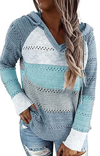 GOLDPKF Pullover Damen Hoodie Damen Sweatjacke MäDchen Damen Farbblock Kapuzenpullover Gestreift Hoodie Entspannt Sweatshirt mit Kapuze Lässiger Hohlpullover Blau S 36-38