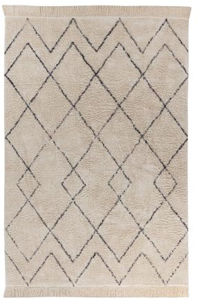 Qiyano Alena Boho Teppich Creme Blau 160 x 230 cm, Flauschiger Hochflor Teppich aus Baumwolle, Wohnzimmer & Schlafzimmer, Strapazierfähig, Florhöhe ca. 15 mm