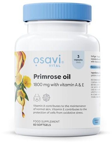 Osavi - Primrose Oil mit Vitamin A & E | 1800 mg Nachtkerzenöl pro Portion - Für Haut, Balance und antioxidativen Zellschutz | 60 Softgels