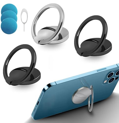 3 Piezas Anillo Movil Universal, con 3 Piezas de Hierro+1 Pasador de Tarjeta Rotación de 360° Anillo Soporte para Movil para Todos los Smartphones (2 Negro + Plata)