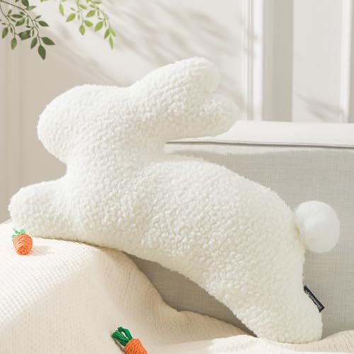 Phantoscope Happy Easter Bunny Shaped Throw Pillow, Plush Boucle Jumping Rabbit Cushion Sherpa Easter Decorative Pillow for Couch Living Room Bed, Off White, 14.5 x 21.5 inches