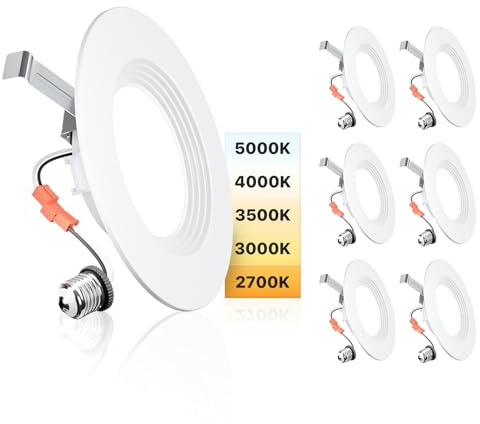 Ensenior 5/6 Inch 5CCT LED Can Lights 6 Pack, Retrofit Led Recessed Lighting, Baffle Trim, Dimmable, 9W=110W, 1000LM, 2700K/3000K/3500K/4000K/5000K Selectable, IC Rated - ETL & FCC