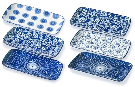 Gibsimi Rectangle Serving Plates Set - 8.3 Inch Rectangular Ceramic Dinner Dishes- Oven Microwave Dishwasher Safe - Porcelain Platter for Salad Appetizer Sushi Dessert - Set of 6 - Vintage Blue