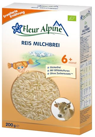 FLEUR ALPINE Bio Reis - Milchbrei Babybrei für köstliches Frühstück, Nahrhafter und einfach zuzubereitender glutenfreier Brei, Babynahrung nach dem 6+ Monate ohne Zuckerzusatz, 5 Portionen