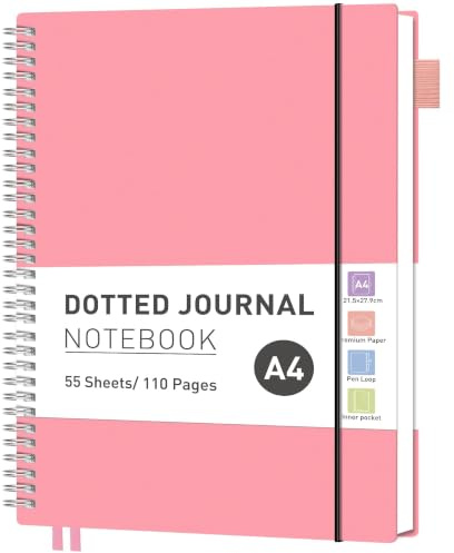 RETTACY A4 Spiral Notebook, Dotted Journal, 110 Pages, Pink | Flexible Plastic Cover Notepad, 100 GSM Thick Bullet Paper, for Women Men Work Office School - 21.5 × 27.9 cm