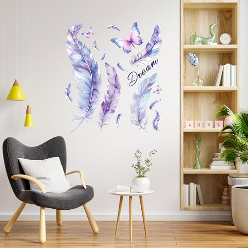 Stickers Muraux Plume, Autocollant Mural Papillon Violet, Stickers Muraux pour Salons Chambres Bureaux Canapé Fond Décoration