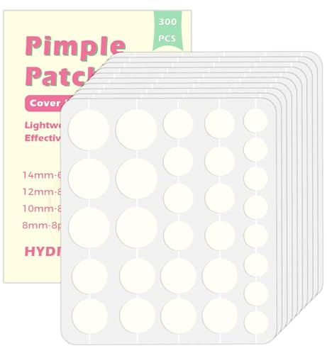 Pimple Patches 300 pièces, Patch Anti-acné Naturel Invisible,Patch Hydrocolloïde Anti-acné,Jour et Nuit, 2 en 1, pour Boutons Invisible pour Soin de la Peau-4 Tailles (8/10/12/14 mm)