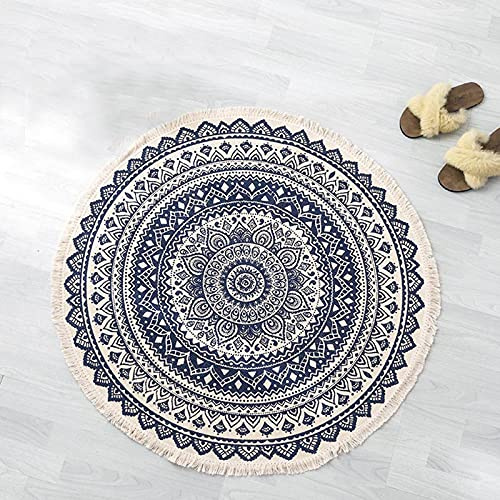 Tappeto rotondo in cotone blu con nappe, lavabile, motivo mandala, tessuto a mano, per interni, per soggiorno e camera dei bambini, tappetino da 100 cm