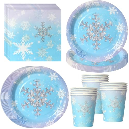 PYAILI 52 Pcs Snowflake Party Tableware: Birthday Party Set, Cups, Napkins, Tablecloths, Snow Birthday Decor, Suitable for New Year, Wedding, Winter Party Decoration – 16 Guests