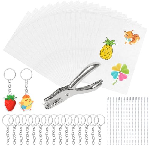 Juibao 51 Piece Shrink Film Set, 20 Sheets Shrink Paper with Key Ring, Ball Chain and Hole Punch, Shrink Plastic Film, Shrink Film for Key Chains, Pendants, Ornaments Crafts