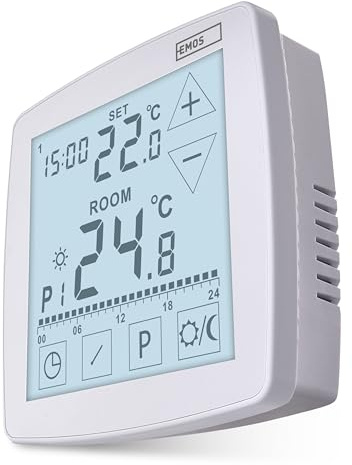 EMOS – digital rumstermostat med OpenTherm – programmerbar, trådbunden, 2 x 1,5 V batteri – värme/kylsystem – temperaturkontroll 7–30 °C – ytmontering – semesterläge, frostskydd – vit