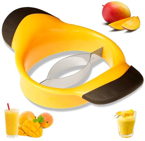 Affettatrice Mango con Impugnatura Ergonomica in Gomma, Lama in Acciaio Inox, Facile da Rimuovere e Dividere, Snocciolatore 2 in 1 per Parti Mango, Colore Giallo