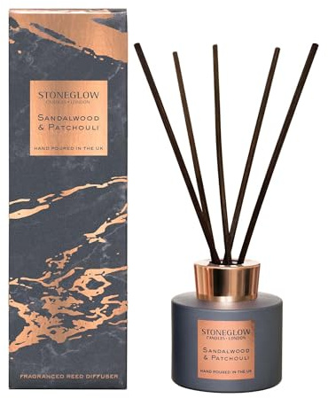 Stoneglow Luna Collection Sandalwood & Patchouli Scented Reed Diffuser 120 millilitre with Amber & Musk Notes, Lasts 10 Weeks, 10 Rattan Reed Diffuser Sticks, Refillable & Reusable Home Air Freshener