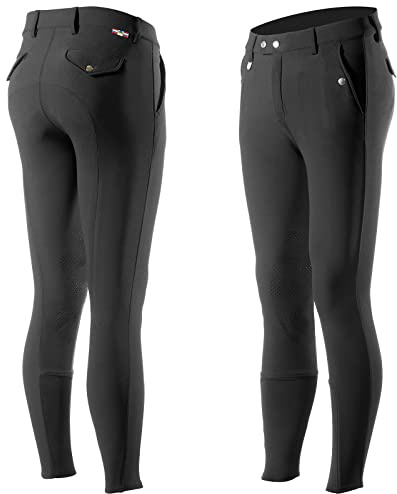 HORZE Mens Grand Prix Silicone Knee Patch Breeches for English Riding - Black - 34
