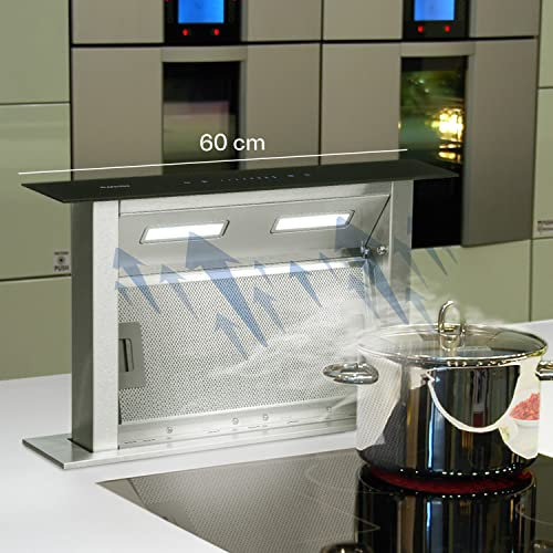Klarstein Downdraft Hotte Aspirante, Encastrable et Silencieuse pour Cuisine, Débit d'Air 430m³/h, Filtres Inclus, 4 Modes de Ventilation, Mode Recirculation en Option, Minuterie, Sans Evacuation