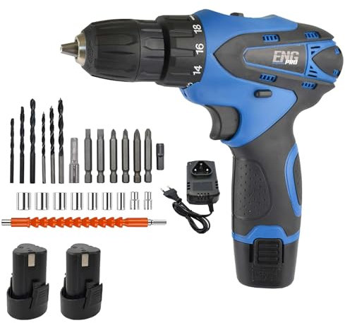 ENG PRO Trapano Avvitatore a Batteria da 12V in Valigetta 24 Accessori 2 Batterie e 1 Caricatore Velocità 0-1350 RPM Mandrino Autoserrante 10mm - UM ET AB12