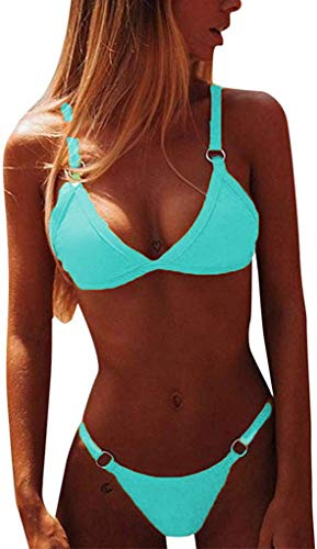 CheChury Maillot de Bain 2 Pieces Femme Sexy Taille Basse Bandage Bikini Bresilien Push Up Swimwear De Plage String Bas de Bikini,Bleu Clair,S