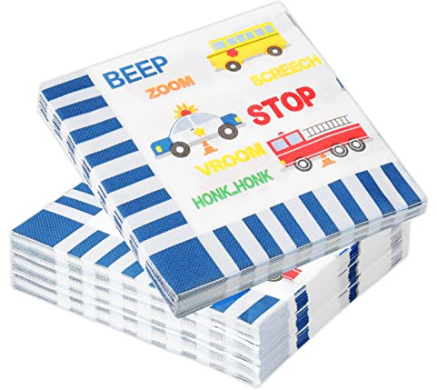 60Piezas Servilletas con Motivo de Coches, Servilletas de Decorativas Servilletas de Papel Desechables Decoración de Mesa para Niños Fiesta de Cumpleaños Baby Showers, 33x33 cm, Azul