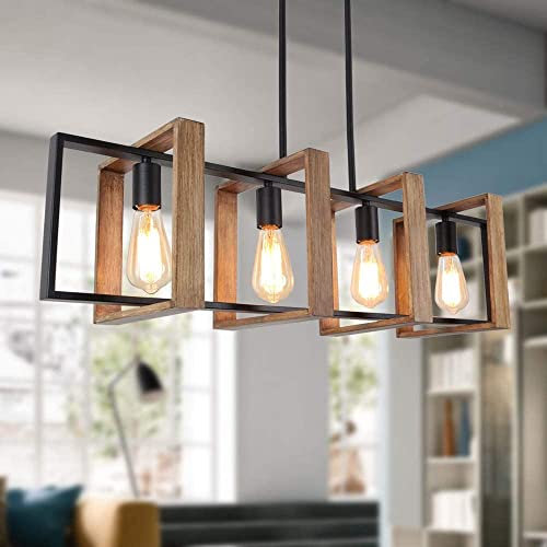 Iluminación de isla de cocina, 4 lámparas de araña de comedor de granja, iluminación colgante moderna negra, luces de mesa de billar, acabado de madera y metal negro mate (4 cabezales, madera)