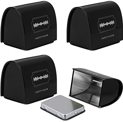Linkidea - Juego de 4 bancos de cuchillas de afeitar de seguridad, estuche de metal para desecho seguro para almacenar cuchillas usadas (negro)