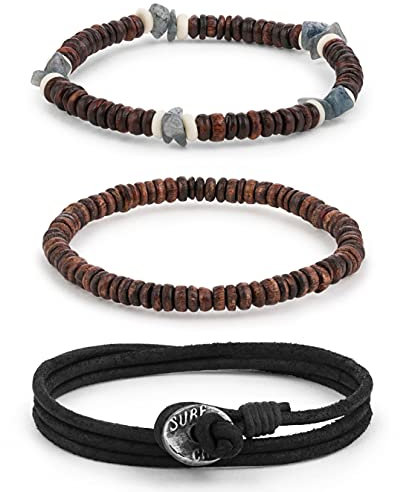 LOCAL LEAGUE Herren-Armband Surfer-Holzperlen 3er-Set, SURF CREW HAWAII Verstellbare Lederschnur, Lederband für Männer, Freund, Wickelseil, Urlaub, BEACH Party, Club, Festival