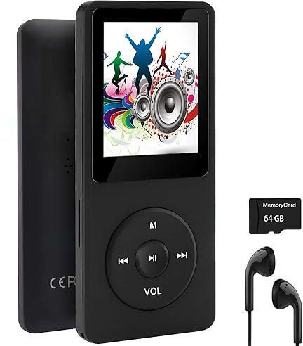 64 GB MP3-spelare med högtalare hörlurar bärbar musikspelare för barn stöd röstinspelning bild video E-bok, svart
