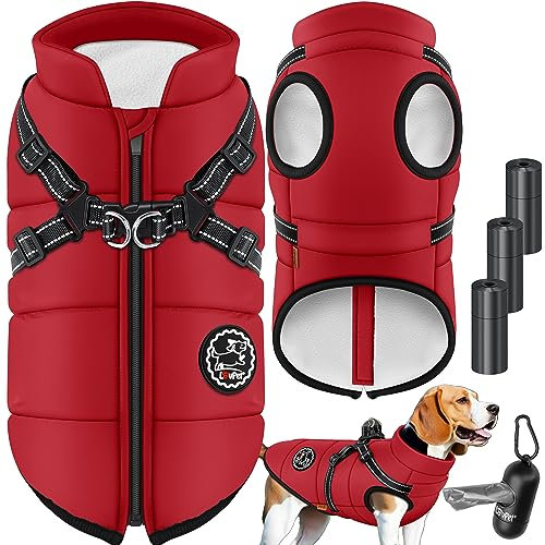 Lovpet® Hundejacke Hundemantel mit Geschirr, inkl. 45 Stück Kotbeutel + Spender, Hunde Winterweste gefüttert wasserdicht, Gepolsterte Weste Mit Brustgurt, Reflektoren, D-Ring L, Bordeaux Rot
