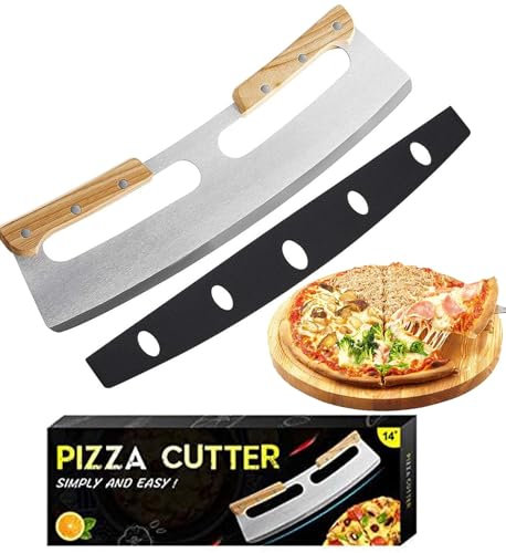 Tagliapizza, Taglia Pizza Acciaio Inox Professionale Tagliapizza a Mezzaluna con Doppio Manico in Legno Affetta Pizza in Acciaio Inox Coltelli da Pizza per Tagliare Pane, Verdure, Cioccolato