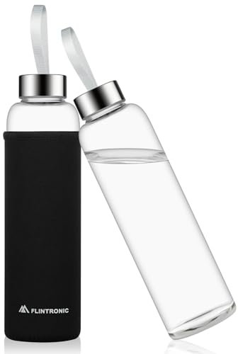 flintronic Glasflasche, 550ML Glass Bottle, Trinkflasche Glas Auslaufsicher, Wasserflasche Glas mit Schutzhülle, Leichte Borosilikat Glastrinkflasche für Kohlensäurehaltige Getränke | BPA-frei