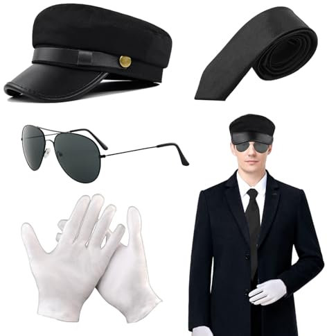 FUIPVGI Chauffeur-Kostüm, Zubehör, Fahrerkostüm, schwarzer Hut, Sonnenbrille, Krawatte, Handschuhe, 1980er-Jahre, Limousine, Taxifahrer, Verkleidung für Erwachsene, Cosplay (schwarz), 4 Stück