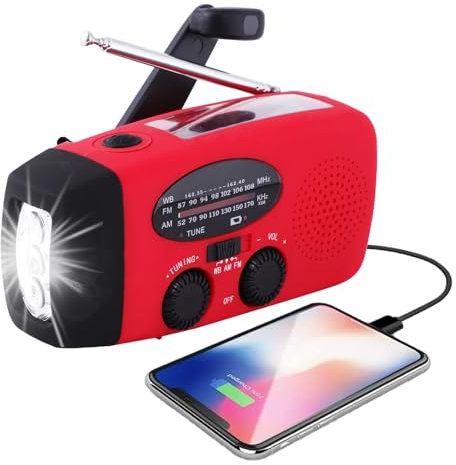Emergency Hand Crank Radio with LED Flashlight for Camping Hiking, 2000 mAh Emergency Radio AM/FM NOAA Portable Weather Radio,USB Mobile Phone Charger (Red)