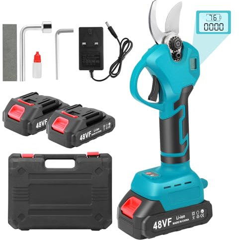 Electric Pruning Shears, Cordless Electric Scissors with 2 x 1500mAh 21V Batteries, 25mm Cutting Diameter, LCD Display, Brushless Motor Electric Secateurs for Garden Orchards Pruning Branches