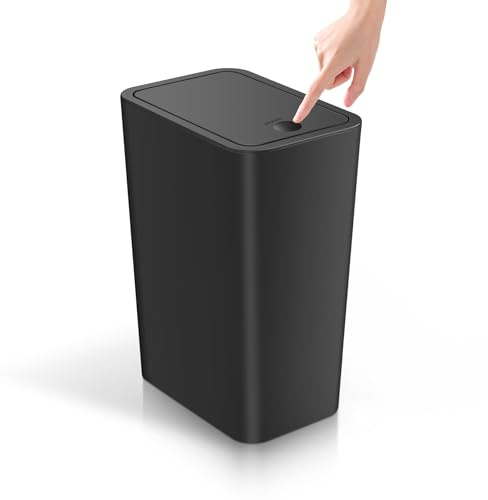 TIPGO Bathroom Trash Can with Lid, 4 Gallon / 15 Liter Small Garbage Can, Press Top Bin, Plastic Wastebasket with Pop-Up Lid for Bedroom, Living Room, Office (Black)