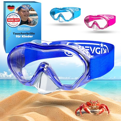 KIDVERSE Kit de Snorkeling pour Enfant - Lunettes de plongée avec Tuba - Lunettes panoramiques avec Nez - Masque de plongée Alternatif (Sangle Bleue, Enfants de 5 à 16 Ans