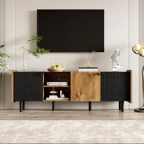BTM 160 cm Schwarzer und Holzfarbener TV-Schrank – Moderner Stil mit DREI Türen und Zwei Offenen Fächern
