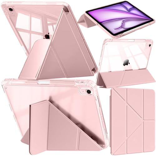 A-BEAUTY Fodral Kompatibelt med iPad Air 11-Tum M4/M3/M2 (2026/2025/2024), Air 5/4 (2022/2020 5:e/4:e Gen 10,9-Tum), med Pennhållare, 6-i-1 Stativ, Auto Väckning/Sömn, Rosa | Smalt Y-stående fodral med klart skal på baksidan, pennhållare, automatisk väckning sömn