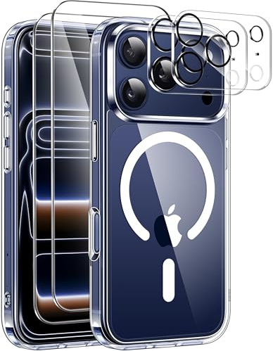 ivencase Funda Magnética para iPhone 17 Pro MAX Compatible con mag Safe con 2 Protector Pantalla y 2 Protector Lente Cámara, [No Amarillo] Carcasa Anti-Arañazos Anti-Choques Caso, Transparente
