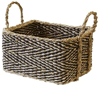 Box and beyond - Panier de Rangement - 26 x 19 x 13 cm - Jonc de mer Naturel et Noir - Poignées Intégrées - Jouets, Vêtements, Linge, Accessoires - Salle de bain, Chambre, Salon - Style Bohème