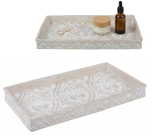 Kook Time Vassoio Organizzatore Rettangolare Serie DAMASK - Svuotatasche Decorativo per Bagno, Camera, Ingresso o Gioielli - Motivo Floreale Rilievo - 31 x 15 cm - Crema