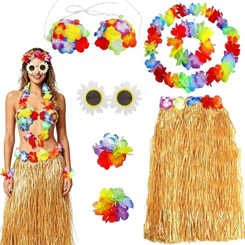 Ntwdby Juego de 7 Conjunto de Disfraz Hawaiano, Falda de Hierba Hawaiana, con Collar de Flores Guirnalda Diadema, Disfraz de Falda Hawaiana de Hula, para Fiestas de Tropicales, Playa, Disfraces