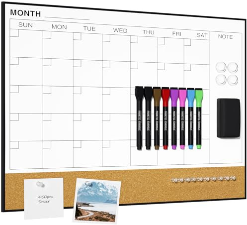 Dry Erase Calendar with Cork Board for Wall, 45 x 60cm Vision Board | Monthly Combination Board with Black Frame, Magnetic Calendar Whiteboard for Home Office School Planning, to Do List, Memo
