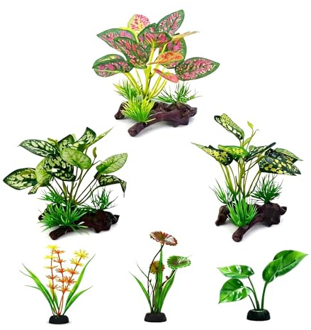 6Pcs Fish Tank Accessories, Assorted Sizes Green Plastic Artificial