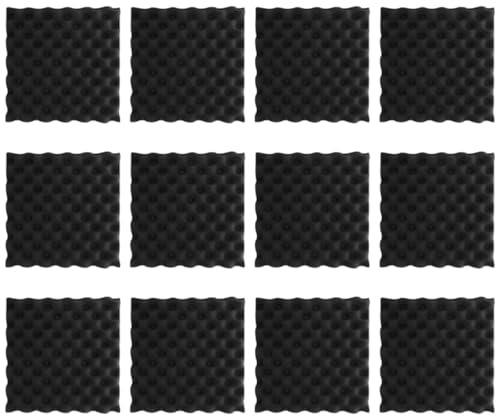 HINTRMENT 12pcs Black Wave Acoustic Foam Panels Sound Absorbing Polystyrene Cushioned Protection Sound Insulation for Offices and Home Theaters