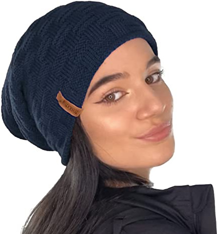 TOSKATOK® Ladies Mens Unisex Warm Winter Textured Knit Slouch Beanie hat with Cosy Faux Fur Teddy Fleece Liner-Navy