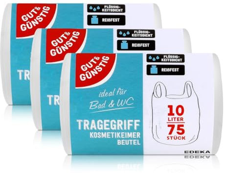Gut & Günstig Tragegriff Kosmetikeimer Beutel 10L (75 Stück) - 3er Pack - Reißfest & Flüssigkeitsdicht - (3 x 75 Stück)
